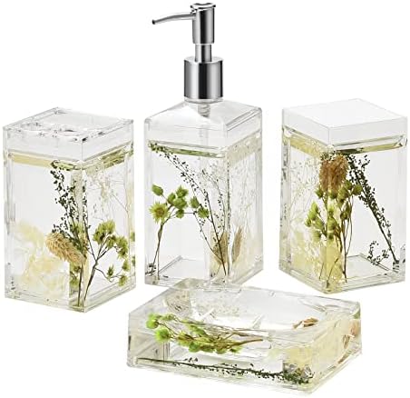 Locco Decor 4 Piece Acrylic Liquid 4D Floating Motion Bathroom Vanity Accessory Set Garden Botanic Green Plants Toothbrush Holder, Tumbler, Soap Dispenser, Soap Dish by LoccoDecor