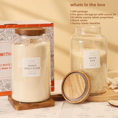 2 Pack Large Glass Flour and Sugar Storage Containers with Airtight Acacia Lids and 132 Kitchen Pantey Labels Preprint - 95 LF OZ Borosilicate Glass Canister Sets for Food,Spaghetti,Cookie,Rice - Image 2