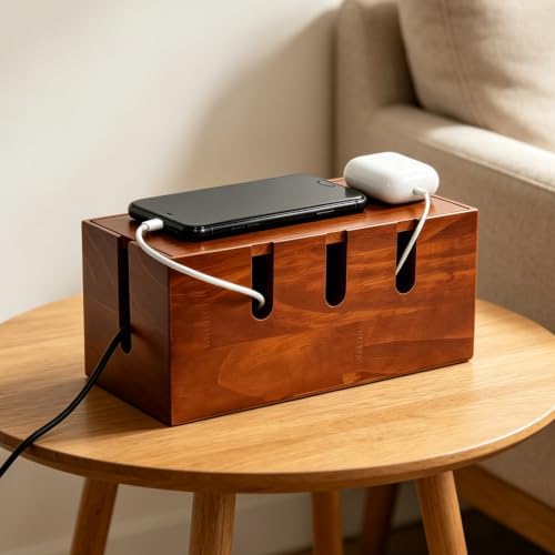 Wooden Cable Management Box, Power Strip Cord Hider with 5 Cable Slots by DecorYc
