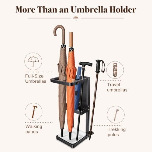 Umbrella Stand for Entryway, Sturdy Metal Umbrella Holder Indoor with Removable Drip Tray, Small Umbrella Rack for Long and Compact Umbrellas, Black Umbrella Storage Stand for Home Office - Image 6