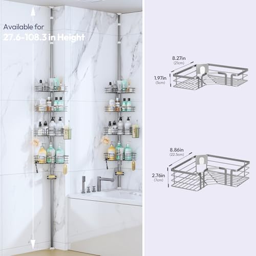 SWTYMIKI Shower Caddy Tension Pole - 4-Tier Corner Shower Organizer Tension Rod with Soap Holder, Toothbrush Holder & 4 Hooks, Adjustable Stainless Steel Bathroom Organizer 27.6 to 108.3 inch, Silver - Image 5