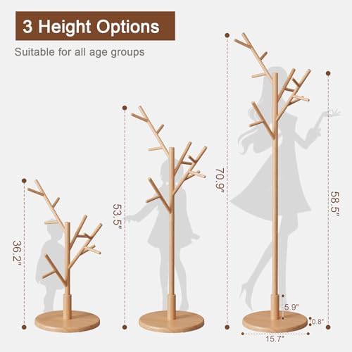 Muwuele Coat Rack,Solid Wood Coat Rack Freestanding with 12 Hooks,Coat tree freestanding 3 Adjustable Heights for coat, Hats, Handbags，Coat Stand for Entryway,Bedroom (Natural) - Image 5