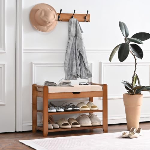 27.6in Shoe Rack with Storage Bamboo Entryway Bench with Drawer & Hooks - Image 7