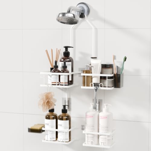 Adjustable Shower Caddy Hanging Rustproof Shower Caddy for Handheld Showerheads, Shower Organizer with Hooks Soap Holder, Anti-Swing Shower Rack Bathroom Accessories (White) by Dimyno
