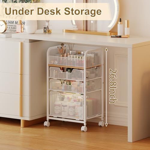 Jakyitvi Makeup Cart Organizer with 3 Drawers, Under Desk Storage Drawers,Floor Skincare & Makeup Organizer, Vanity Storage for Cosmetics, Nail Polish, Perfume, Makeup Brushes, Hair Tools, White - Image 4