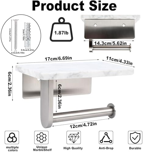 Toilet Paper Holder with Natural Marble Shelf for Bathroom Washroom,Wall Mounted Tissue Holder Suitable for Mega Roll (Brushed Nickel,Small 6.7 * 4.3 in) - Image 5