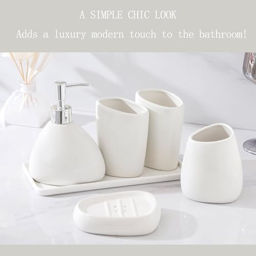 Ceramic Bathroom Accessory Set with Ceramic Tray, 6 Pieces Bathroom Countertop Accessory Set, Include Soap Dispenser, Toothbrush Holder, 2 Tumbler, Soap Dish, Vanity Tray,White - Image 5