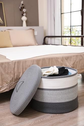 20x15 Inch Extra Large Round Cotton Rope Storage Basket with Lid, Decorative Woven Bin with Cover for Living Room Bedroom Closet, Grey Mix & Dark Grey - Image 3