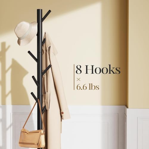Pipishell Solid Wooden Coat Rack Freestanding with 8 Hooks, Black - Image 2