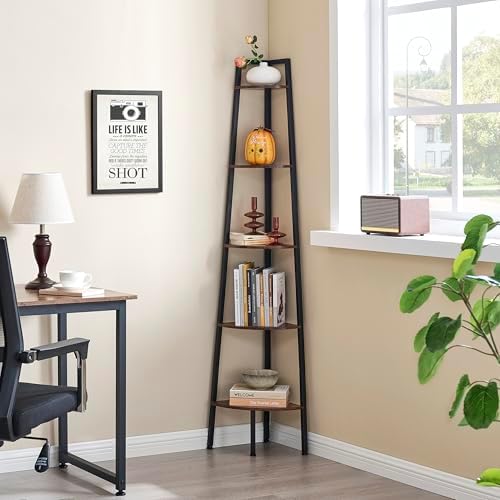 Hoctieon Corner Shelf, 5-Tier Corner Bookshelf, Rustic Ladder Shelf, Industrial Display Stand for Living Room, Kitchen, Home Office, Balcony, Small Space, Metal Frame, Rustic Brown - Image 3