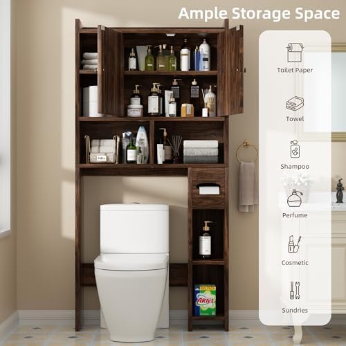 Shintenchi Over the Toilet Storage Cabinet, Bathroom Storage Cabient with Barn Doors, Bathroom Storage Shelf Organizer with Toilet Paper Holder, Adjustable Shelf and Anti-Tip Device, Walnut - Image 5