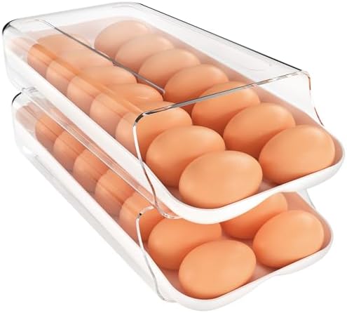 theaoo Egg Holder for Fridge, Automatic Rolling Egg Container, White, 2Pack by theaoo