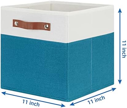 Temary Storage Cube Bins 11 Cube Storage Bins Storage Baskets for Closet, Shelves 4 Pack Fabric Organizer Bins with Leather Handles(White&Teal) - Image 2