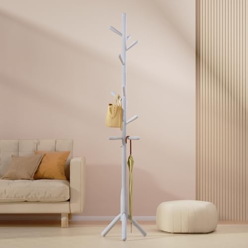 Solid Wood Coat Rack, Freestanding Tree-Shaped Coat Rack with 11 Hooks, Main Pole 1.6" dia for Clothes, Hat Stand Used in Bedroom/Office/Entryway (3-Leg Base, White) - Image 5