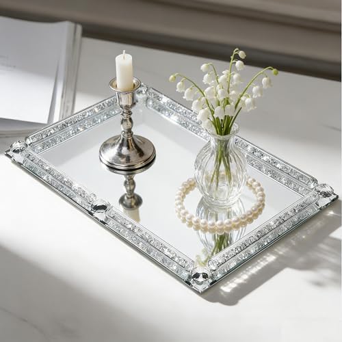Large Glass Mirror Vanity Tray Silver Crushed Diamond Perfume Jewelry Decor - Image 6