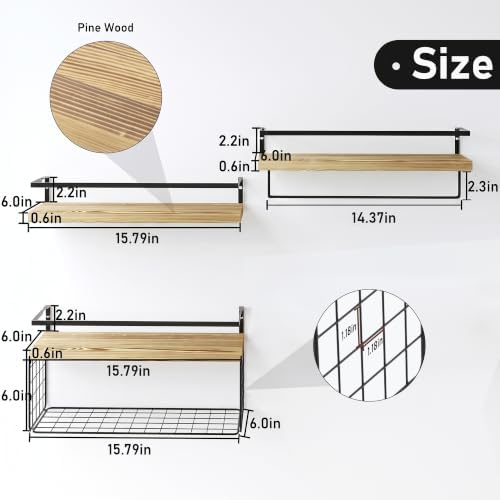 Wood Floating Shelves Wall Mounted - 3+1 Tier Rustic Bathroom Wall Shelves Over Toilet with Wire Storage Basket and Towel Bar, Set of 4 Farmhouse Floating Shelf for Bathroom, Kitchen, Bedroom. - Image 3