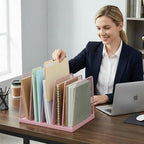 5-Section Vertical File Organizer for Desk, Sturdy Wood Base & Metal Mesh Desktop File Holder, Upright Paper Folder Sorter for Office Supplies（Pink） - Image 4