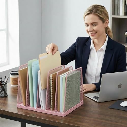 5-Section Vertical File Organizer for Desk, Sturdy Wood Base & Metal Mesh Desktop File Holder, Upright Paper Folder Sorter for Office Supplies（Pink） - Image 4
