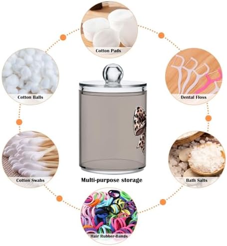 Fustylead 4 Pack Brown Bow with Leopard Skin Plastic Apothecary Jars with Lid, Bathroom Vanity Storage Organizer Canister for Qtip, Cotton Ball, Swab, Round Pads, Floss - Image 3