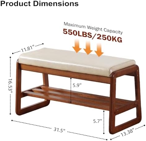 SOBIBO Solid Wood Shoe Bench, 2-Tier Wooden Entryway Bench, Modern Shoe Rack with Faux Leather Cushion for Hallway, Living Room (Gray, 31.5'') - Image 2