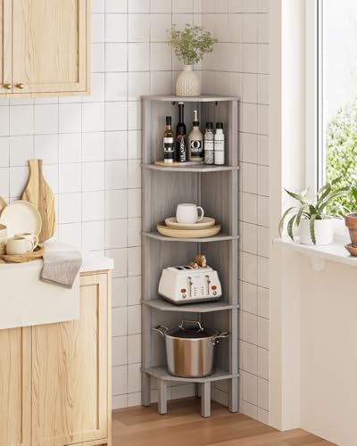 Corner Shelf, 5 Tier Corner Bookshelf, Display Corner Shelf Stand with Storage Rack, Wall Corner Bookshelf for Living Room, Bedroom, Office, Grey - Image 6
