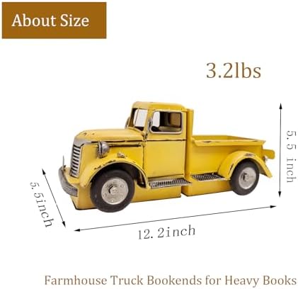 Decorative Book Ends Vintage Bookends: Metal Truck Book Stopper for Kid Books for Grandson Men Teen - Farmhouse Decor for Bookcase Shelf Table Coffee Bar Office Home Yellow - Image 2
