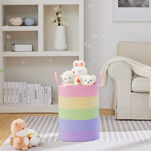 VIPOSCO 58L Tall Woven Rope Laundry Hamper, Leather Handles, Rainbow - Image 2