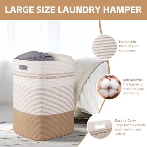 96L Extra Large Cotton Rope Laundry Basket for Bedroom & Laundry Room, Tall Clothes Hamper with Sturdy Handles, Neutral Storage Bin Capable of Holding Blankets and Toys - Image 2