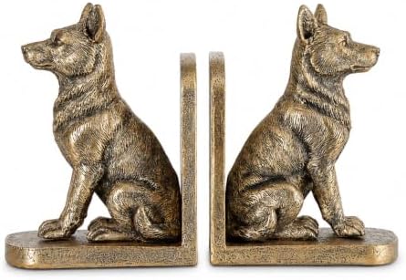 German Dog Bookends Set of 2,Decorative Book Ends for Shelves,Antique Gold Resin Shepherd Dog Statues,Aesthetic Bookshelf Decor,Book Holders for Home Office Desk Library,Vintage Shelf Styling Gift by XMGZQ