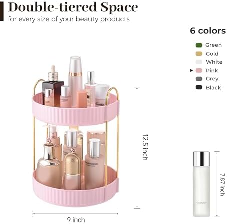 Aveniee 360 Rotating Makeup Organizer for Vanity, Skincare Perfume Organizers, Bathroom Countertop Organizer and Storage, Clear Cosmetics Lipstick Holder for Dresser,2 Tiers, Pink - Image 3