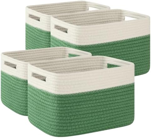 OIAHOMY 4 Pack Storage Basket, 13"x9"x7.8" Cotton Rope Baskets for Shelves, Closet Organizer for Bedroom & Living Room, Soft Decorative Bins for Organizing Towels, Books & Toys, Olive Green & White by MasterofSpaceOptimization