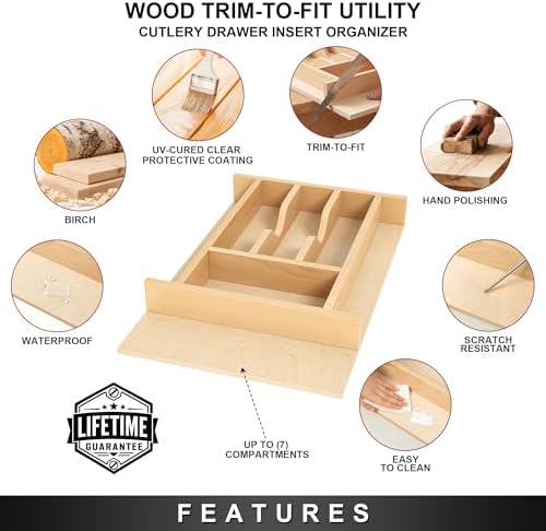 Clikuutory Natural Birch Wood Utensil Drawer Insert Organizer with 7 Compartments, Space-Saving Sturdy Drop-In Cutlery Divider Tray, Kitchen Cabinet Storage for Silverware, Spoons, Forks and Knives - Image 3
