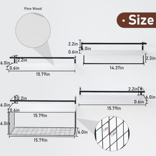White Wood Floating Shelves Wall Mounted - 4+1 Tier Rustic Bathroom Wall Shelves Over Toilet with Wire Storage Basket and Towel Bar, set of 4 Farmhouse Floating Shelf for Bathroom, Kitchen, Bedroom. - Image 2
