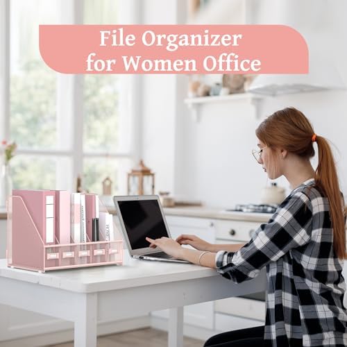 SUPEASY Desk Organizers Metal Desk Magazine File Holder with 5 Vertical Compartments Rack File Organizer for Office Desktop, Classroom, Home Workspace, Pink Plus - Image 7