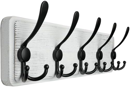 WEBI Coat Rack Wall Mount,Coat Hooks Wall Mounted,16" Hole to Hole,Coat Hanger Wall,Wood Hook Rack Rail,5 Triple Hooks for Hanging Coats,Jacket,Clothes,Farmhouse,Black/White by WEBI