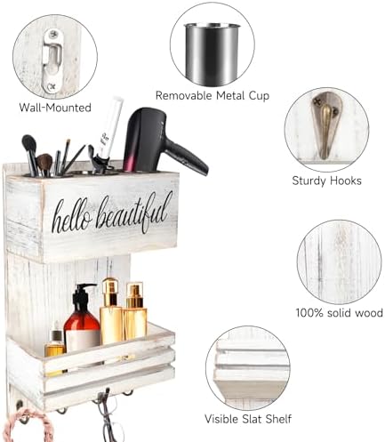2Tier White Wooden Hair Dryer Holder Wall-Mounted Organizer - Image 3