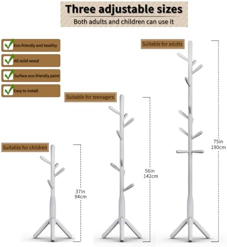 Solid Wood Coat Rack, Freestanding Tree-Shaped Coat Rack with 11 Hooks, Main Pole 1.6" dia for Clothes, Hat Stand Used in Bedroom/Office/Entryway (3-Leg Base, White) - Image 6