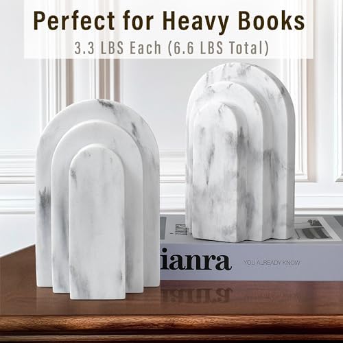LIN CHUAN Heavy Duty Bookends for Shelves, Set of 2, Marble White Look - Image 4
