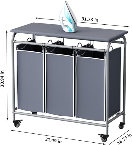 3 Bags Laundry Basket Sorter, Grey 135L Laundry Hamper, Ironing Board - Image 5