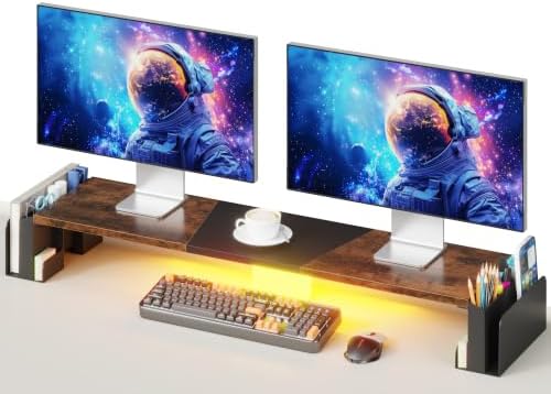 WESTREE Dual Monitor Stand Riser with Pen Holder, Computer Monitor Riser with Adjustable Angle and LED, Desktop Monitor Stand Riser Storage Organizer by WESTREE