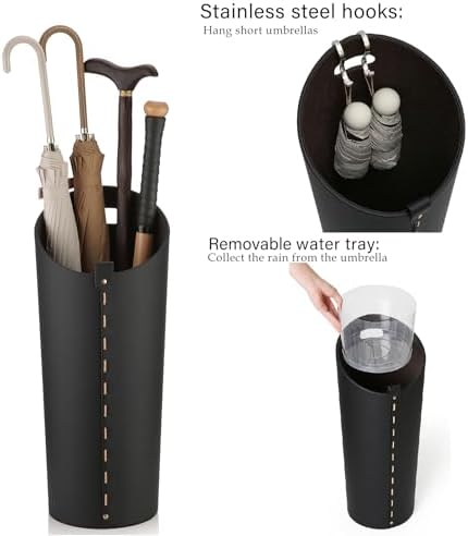 Black Umbrella Holer for Entryway with Drip Tray and 2 Steel Hooks Leahter Tall 22.44 Inches Umbrella Stand Rack Indoor Can Store 10 Golf Umbrellas or Crutches Toy Swords etc - Image 4