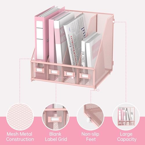 4-Compartment Magazine File Holder and File Organizer for Desk, Pink - Image 4