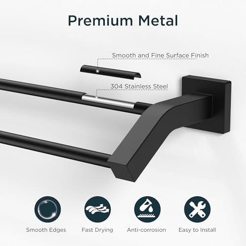 FORIOUS Double Towel Bar 24 Inch, Bathroom Towel Rack Square Matte Black - Image 5