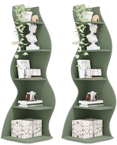 Tribesigns Corner Shelf, Modern 5-Tier Wall Corner Bookshelf, Stylish Corner Small Bookcase Storage Rack Plant Stand with Unique Shape for Living Room, Home Office (Sage Green, 2PCS) by Tribesigns