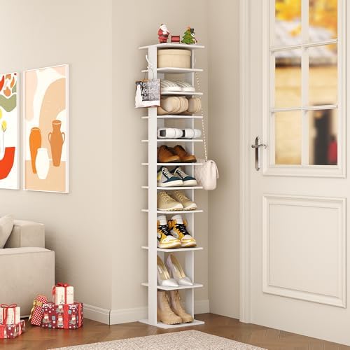 HOMEFORT 10-Tier Vertical Shoe Rack, Corner Shoe Tower, Slim Shoe Organizer with Two Hanging Hooks, Wooden Shoe Storage Stand for Entryway, Hallway, Closet (White) - Image 6