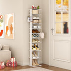 HOMEFORT 10-Tier Vertical Shoe Rack, Corner Shoe Tower, Slim Shoe Organizer with Two Hanging Hooks, Wooden Shoe Storage Stand for Entryway, Hallway, Closet (White) - Image 6