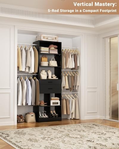 Besiost Small Closet System, 3.2-6.8FT Small Closets Organizer with 2 Wooden Drawers & 5 Hanging Rods, Can Fit 37.5 to 81.9 inch Walk-in Closet System, Black, Enclosed Storage Volume 2.32 ft³ - Image 5