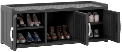 2-Tier Storage Bench, Waterproof UV-Resistant Outdoor Shoe Storage Cabinet with 3 Doors & Adjustable Shelves for Indoor Outdoor Entryway, Hallway, Living Room (Black) by NBYSGO