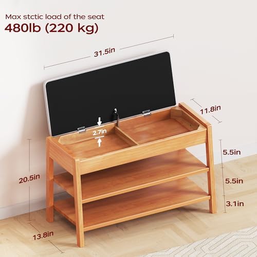PARTPHONER Shoe Rack Bench with Storage, 2-Tier Solid Wood Entryway Bench with Cotton-Linen Cushion, Multipurpose Storage Organizer Bench for Bedroom, Hallway, Living Room, 31.5” - Image 2