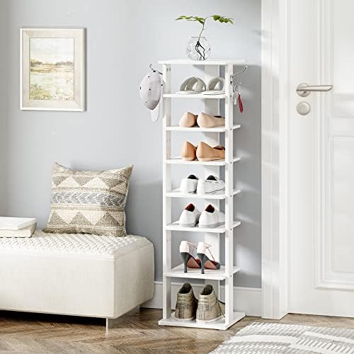 HOOBRO 8 Tiers Vertical Shoe Rack, Wooden Shoe Storage Organizer with Hooks, Narrow Shoe Tower for 8 Pairs, Space Saving, for Entryway, Living Room, Bedroom, White WT07XJ01G1 - Image 2